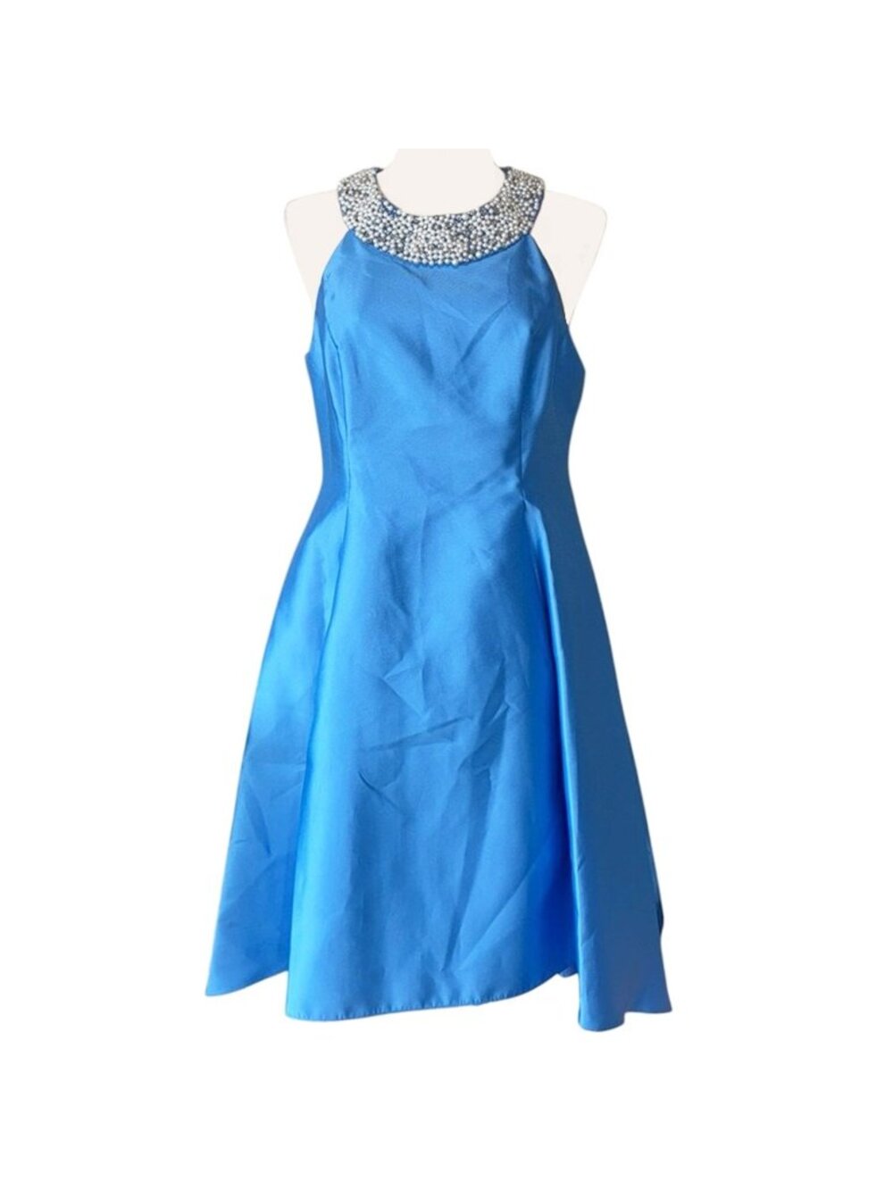 ADRIANNA PAPELL Beaded Neck Mikado High-Low Midi Party Dress Cloud Blue Size 14